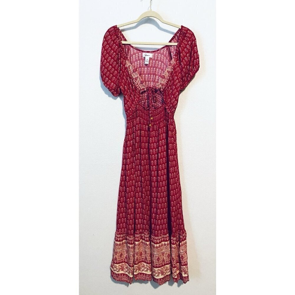 Japna Dress Womens Medium Red Floral Maxi Cut Out Tie Front Puff Sleeve Boho